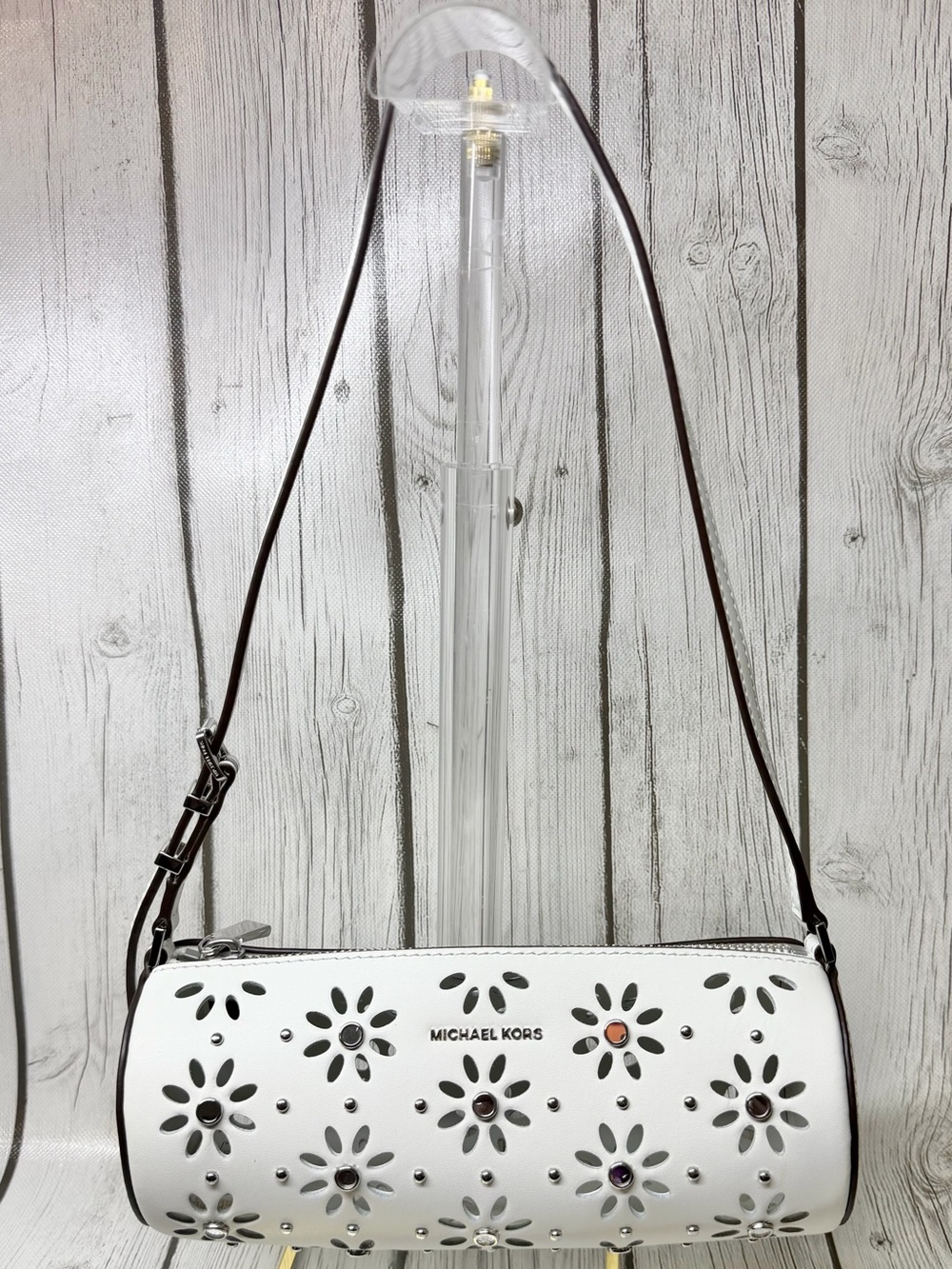 BRAND NEW Michael Kors White Izzy Small Pebbled Leather Barrel Pochette